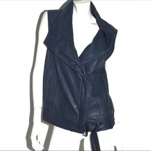 EUC Helmut Lang Navy Blue Lamb Pebbled Leather Sleeveless Biker Vest Size P